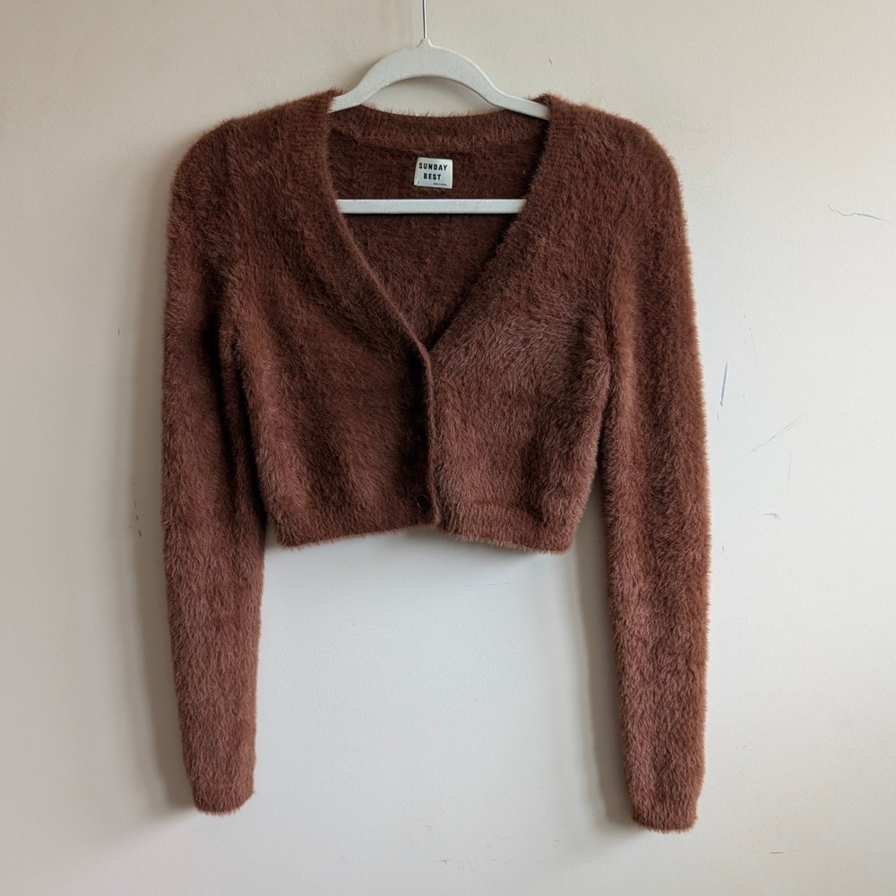 Sunday Best Aritzia Reese Cardigan Brown Eyelash Knit Cropped Sweater Small - Picture 3 of 8